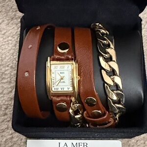 La Mer Gold and Brown Leather Wrap Watch